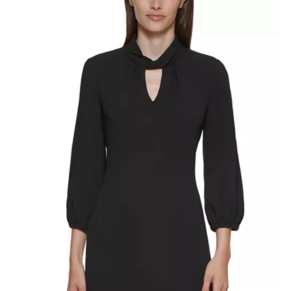 Calvin Klein Black Twist Mock-Neck Tailored Crepe Dress 8